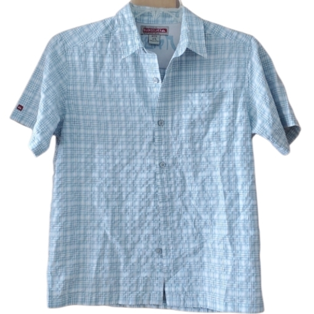 Quiksilver Boys Large 16-18 Blue Plaid Short‎ Sleeve Buttondown Shirt
